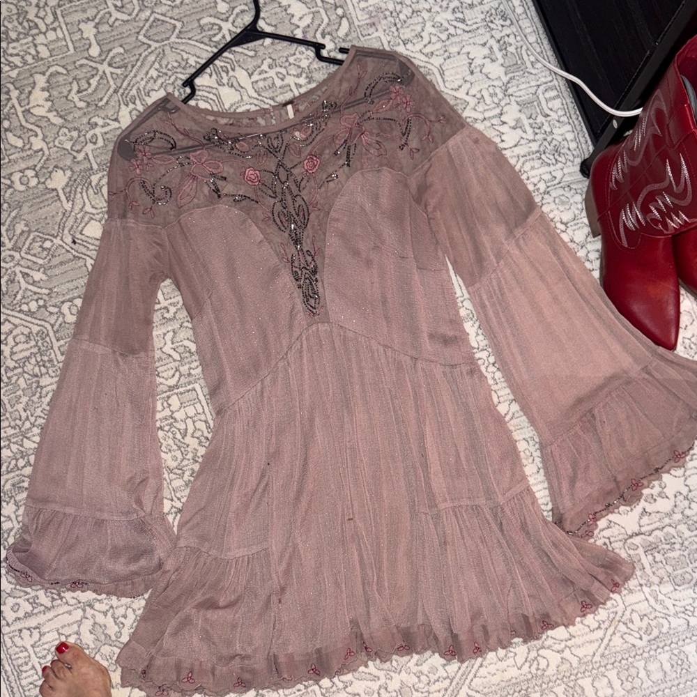 Free People Mauve Embroidered Long Sleeve Dress